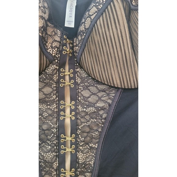 Cacique Black Beige Veiled Lace Corset Front Closures Sz.42DDD - Picture 3 of 6